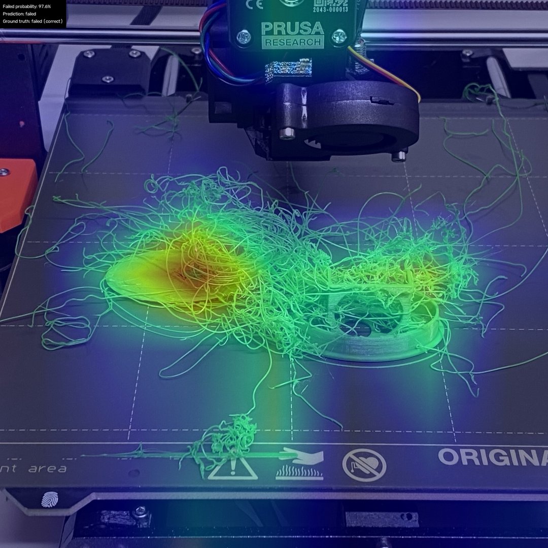 Prusa printer bed with green filament sprawled across it and a partially printed part, attention heat over the densest strands