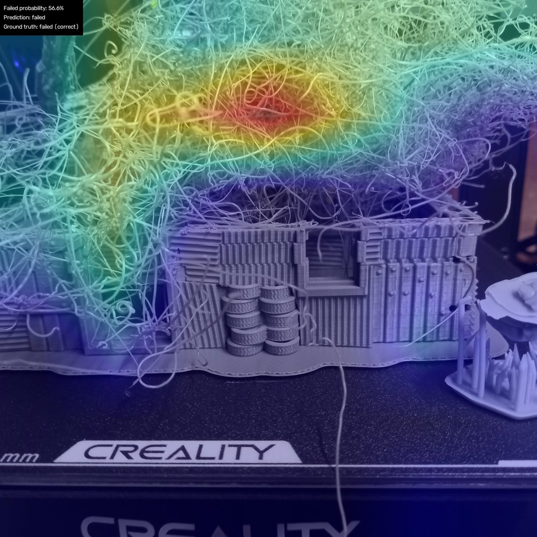 Creality printer with an intact grey building model in the foreground and a cloud of stray filament above it, attention heat over the stray filament only